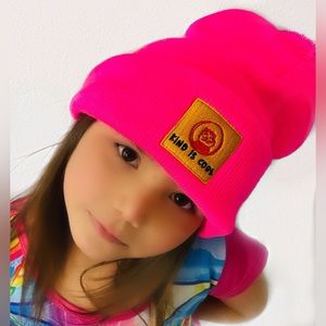 KIND IS COOL embroidered winter beanie hat with Pom Pom. Neon Pink.